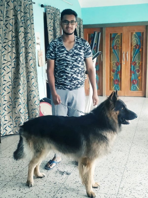 Happy Kokar Ranchi pet owner with his GSD dog
